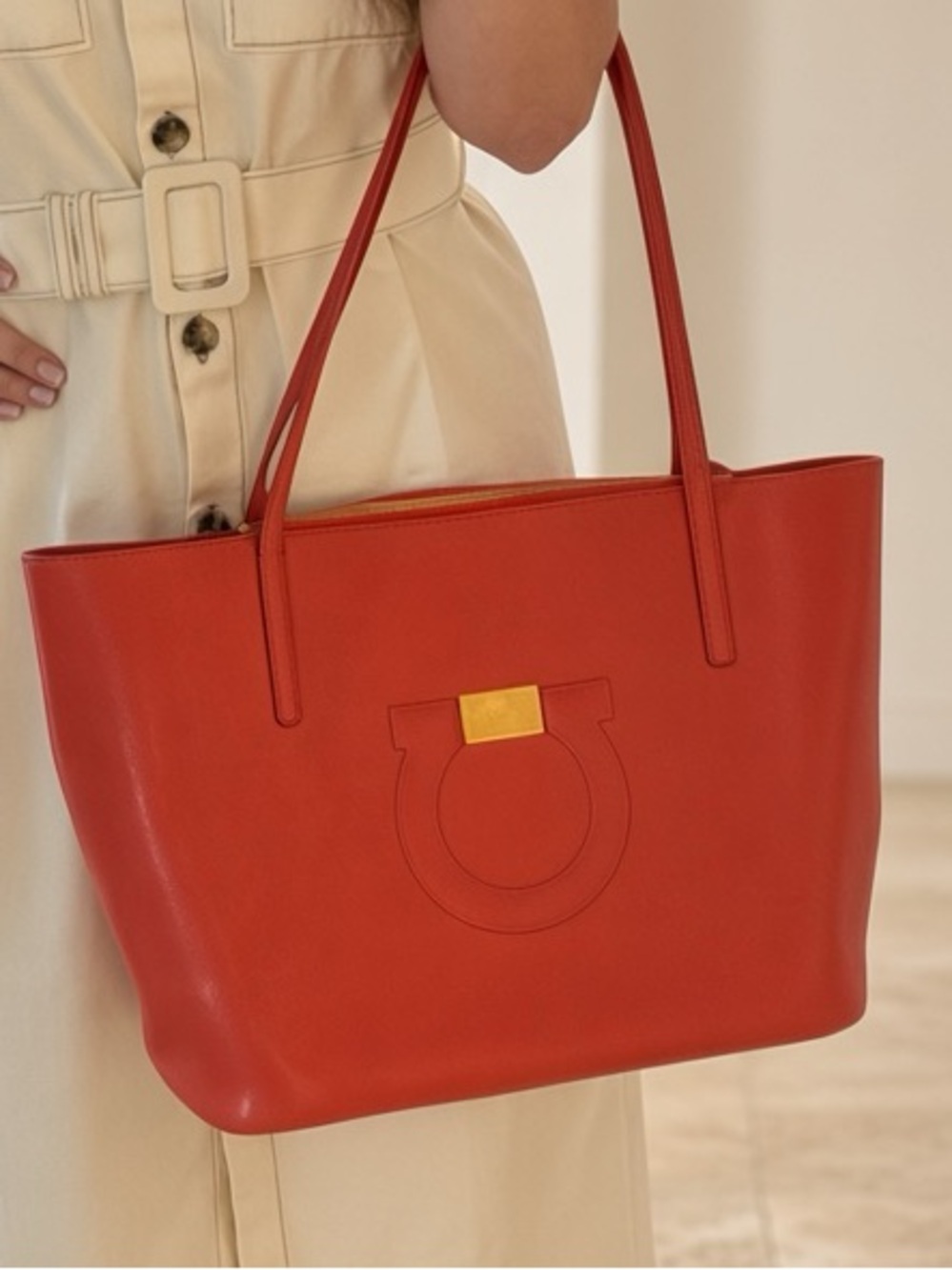 Salvatore Ferragamo Leather Tote Bag with Signature Emblem - Women Bags